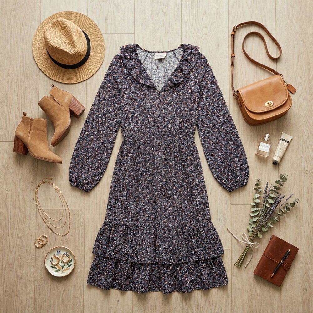 Dark Floral Boho Midi Dress Long Sleeve Ruffle Tiered Cottagecore Fall